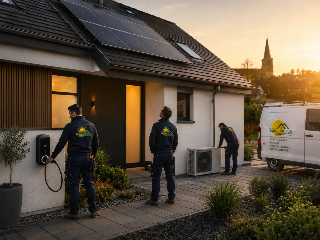 Maison rénovée avec solutions énergétiques EcoLive Lux au coucher du soleil